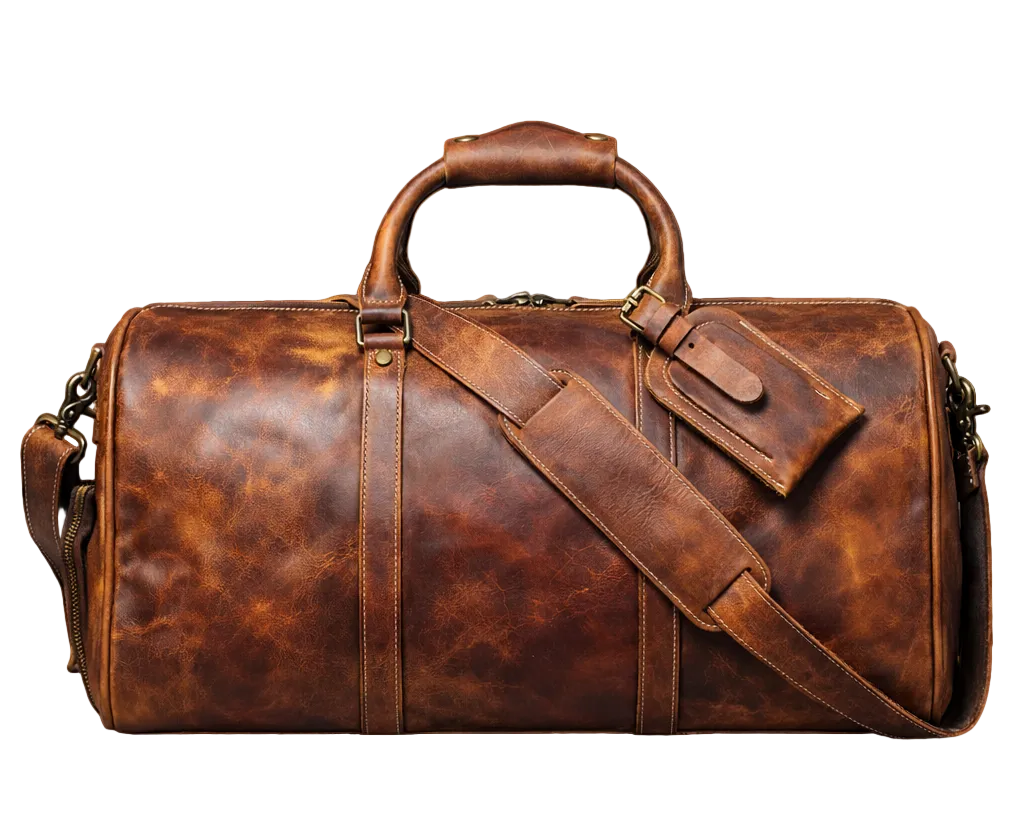 Brown leather duffel bag with strap