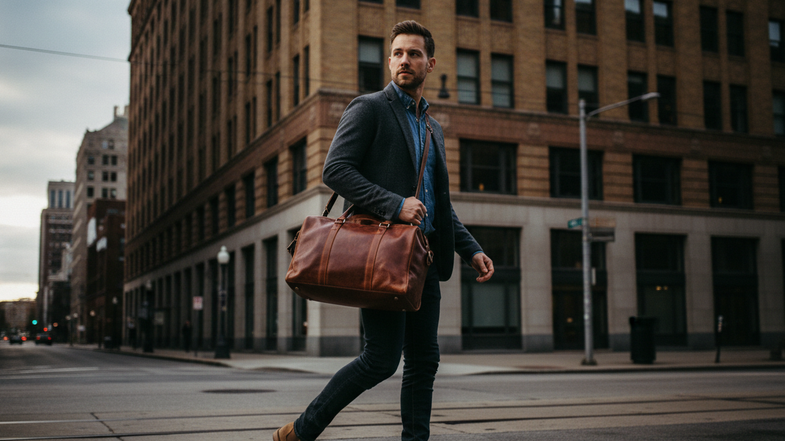 make it so hes walking past an iconic building in detorit, more gritty lighting but still luxury shoot