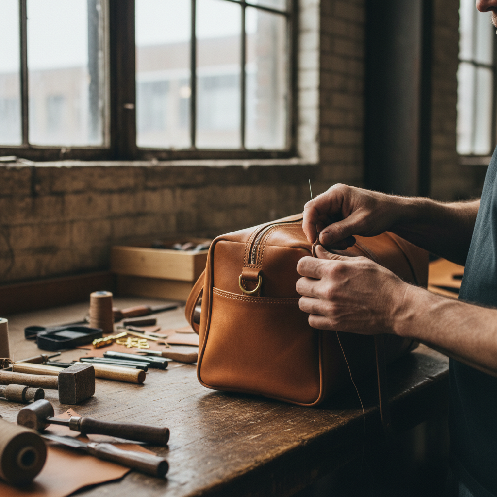 Skilled craftsman working on leather