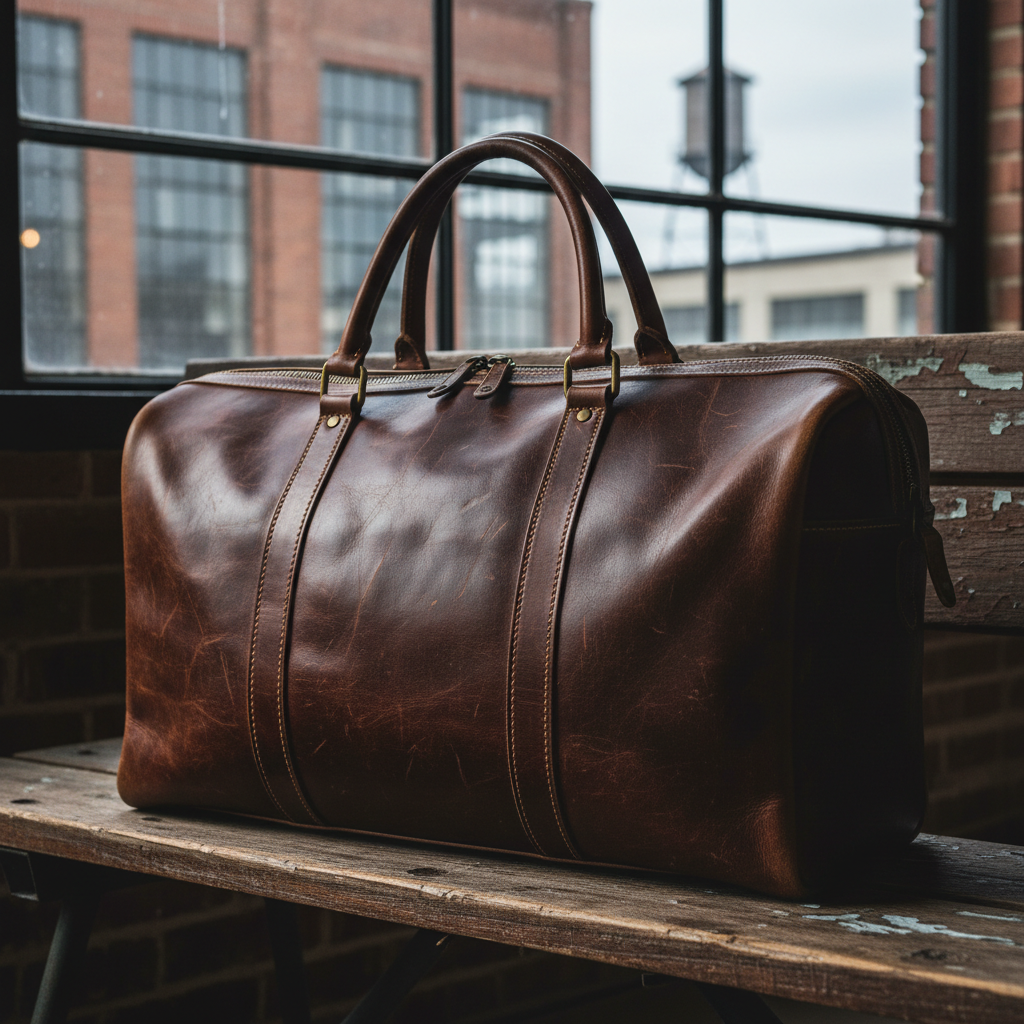 Well-worn leather weekender showing quality aging